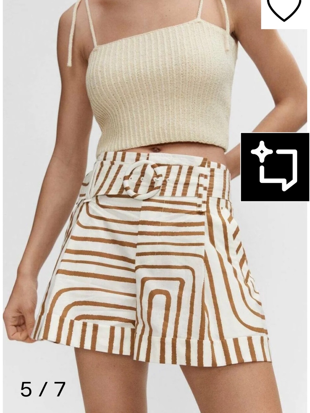 Mango High-Waist Belted shorts in White & Brown Geometric Print